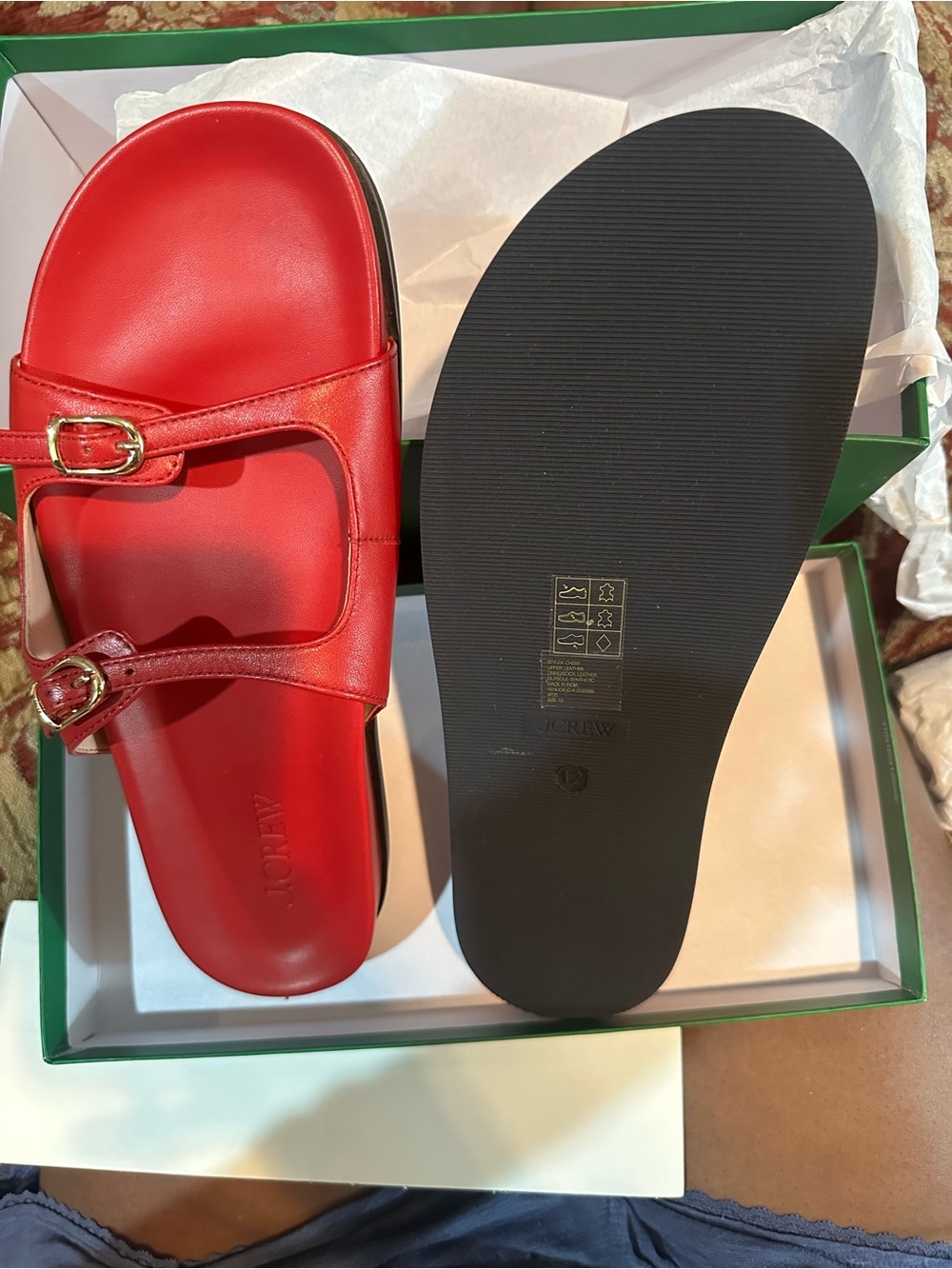 J. Crew Red Double-Buckle Slide Sandals with Gold-Tone Buckles